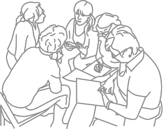 Zeichnung von 5 Frauen, die mit Papieren auf dem Schoß zusammensitzen und sich unterhalten