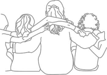 Zeichnung: Mehrere Personen sitzen nebeneinander und legen sich gegenseitig die Arme um die Schultern