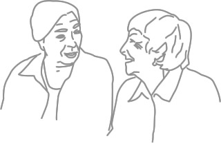 Zeichnung von zwei Frauen, die sich angeregt unterhalten