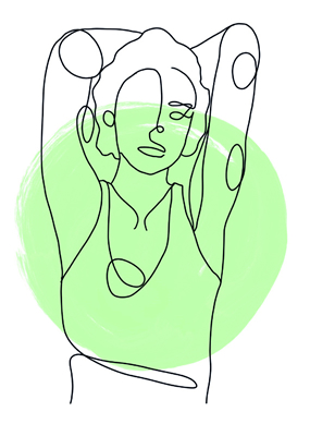 gezeichnte Frau vor grünem Hintergrund legt die Hände hinter den Kopf