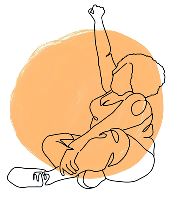 gezeichnete Frau vor orangem Hintergrund sitzt im Schneidersitz und hebt die Faust