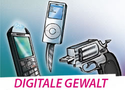 Zeichnung zur Broschüre „Digitale Gewalt“: Mobiltelefone, die zu Waffen werden