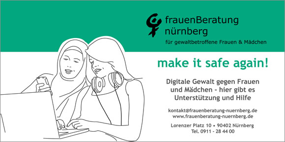 Flyer "make it safe again!"  mit Zeichnung: zwei junge Frauen an Laptop und Smartphone