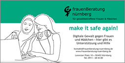 Flyer "make it safe again!"  mit Zeichnung: zwei junge Frauen an Laptop und Smartphone