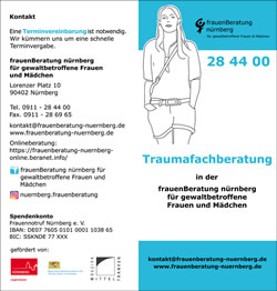Flyer "Traumafachberatung"  mit Zeichnung: Frau mit Händen in den Hosentaschen